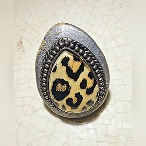 Faux Dalmation Jasper teardrop silver tone adjustable ring